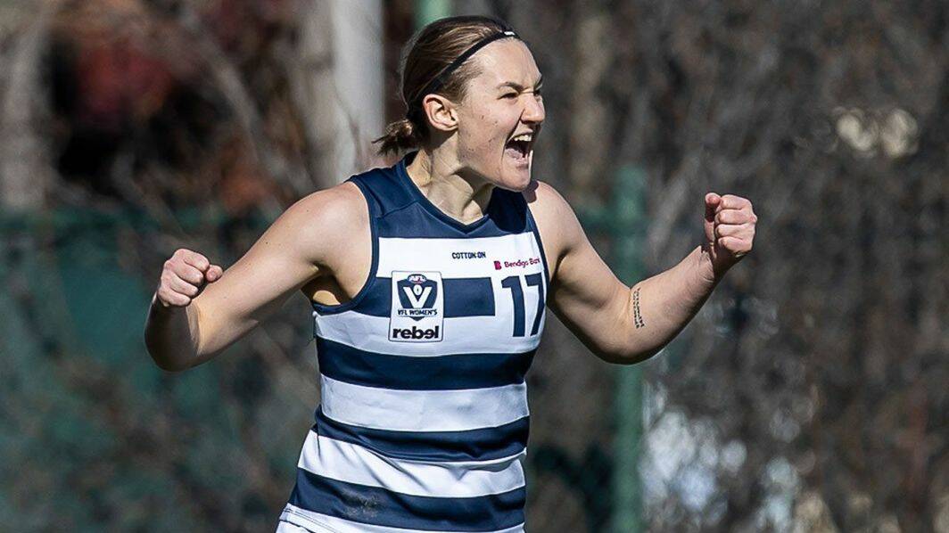 PASSION: Georgia Clarke celebrates one of her three goals in the Cats' preliminary final win over Essendon. Picture: ARJ GIESE