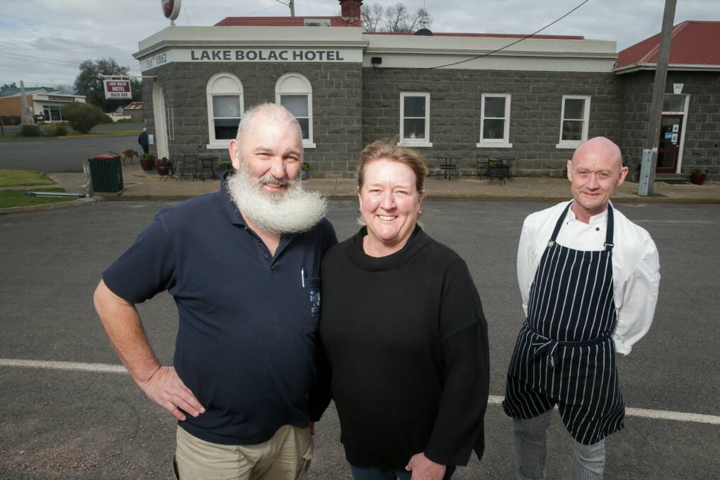 OPEN FOR BUSINESS: Jason and Bernie Parr, with chef Mark Paterson, have taken over the lease of the Lake Bolac Pub. They had a stressful start, opening in the middle of the latest lockdown. Picture: Chris Doheny