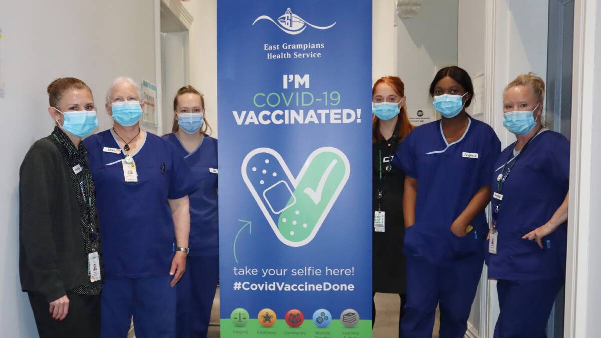 MILESTONE: EGHS vaccination clinic staff, Emma Coburn, Mary Janssen, Jaz Sabo, Lily Hitchcock, Augusta Obiano and Brenda Green celebrate the 10,000th vaccine at the clinic. Picture: CONTRIBUTED