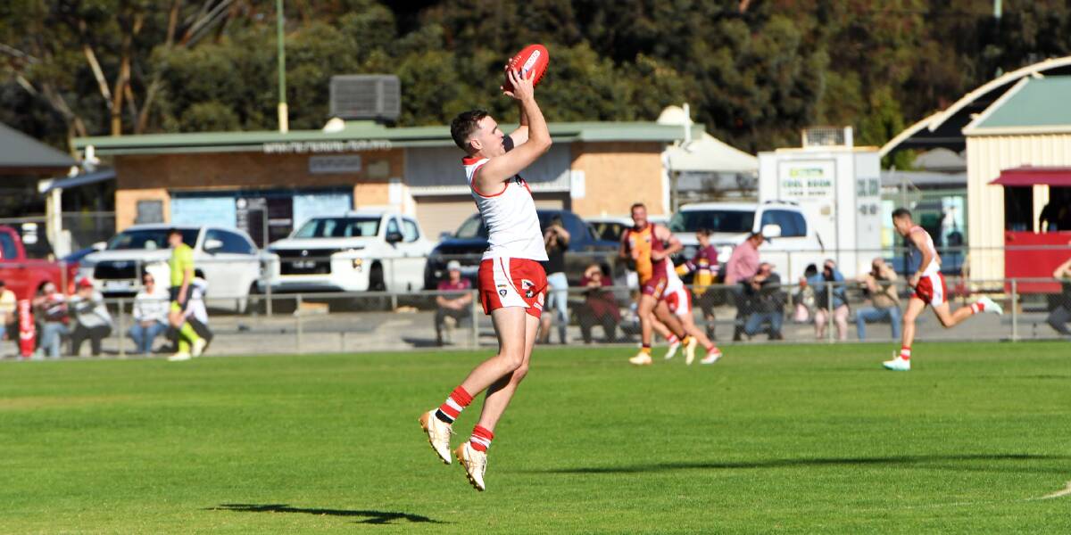 Matt Spalding takes a mark during the round two WFNL match against Warrack at Anzac Park on Saturday, April 27. Picture by Lucas Holmes 
