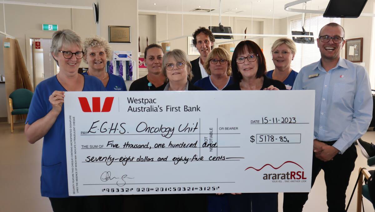 EGHS and Ararat RSL staff at the cheque presentation at the EGHS Oncology Unit. Picture supplied