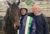 Driver Neil McCallum and Concongella trainer Owen Martin with 3yo gelding Longtan Viper after their win at Melton last week. The combo will line up in the seventh event on Wednesday afternoon at Stawell. Picture supplied by Bendigo HRC & Melton Entertainment Park