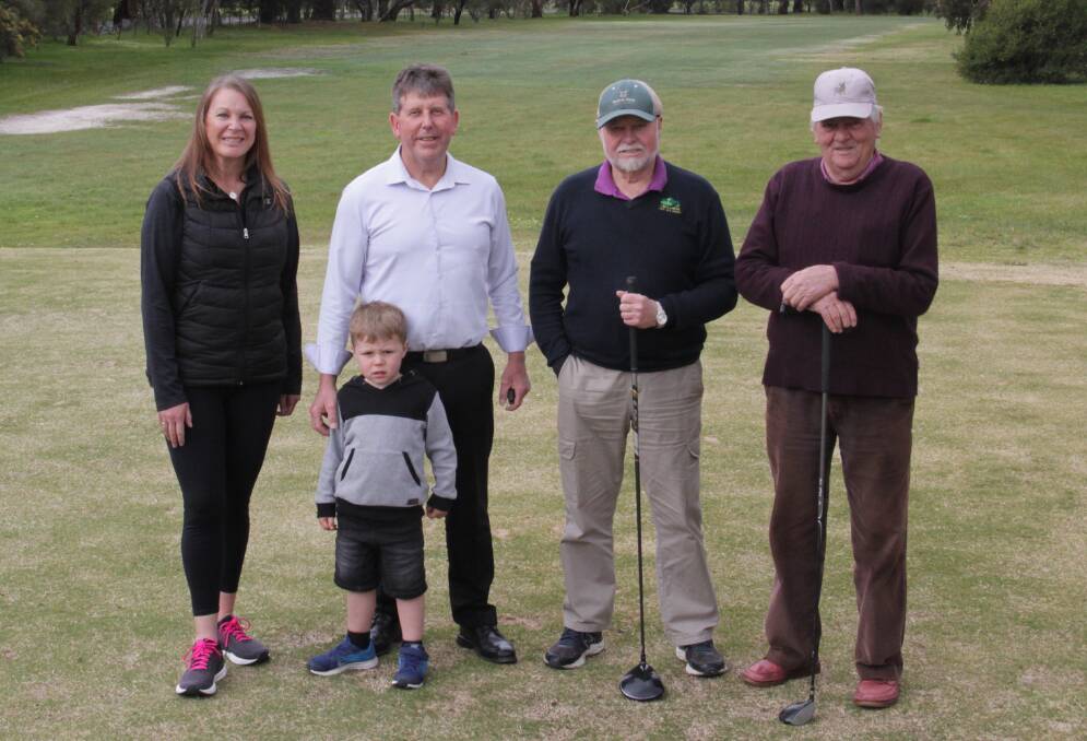 EXCITED: L-R Stawell and Ararat Cross Country Club members Sue Blizzard and Peter Gibson with grandson Max, with Chalambar members Harold Page and Bill Hosking. 