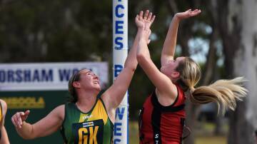 Bridget Dorrington and Ebony Summers battle for a high pass during the round three WFNL match at Dimboola Recreation Reserve on Saturday, May 4. Picture by Lucas Holmes