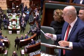 Parliament of Victoria interrupted by alleged pro-Palestine supporters during Tim Pallas' budget speech. Picture Parliament of Victoria