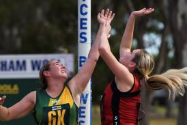 Bridget Dorrington and Ebony Summers battle for a high pass during the round three WFNL match at Dimboola Recreation Reserve on Saturday, May 4. Picture by Lucas Holmes
