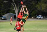 The battle between Stawell and Dimboola went down to the final kick in round three. Picture by Lucas Holmes